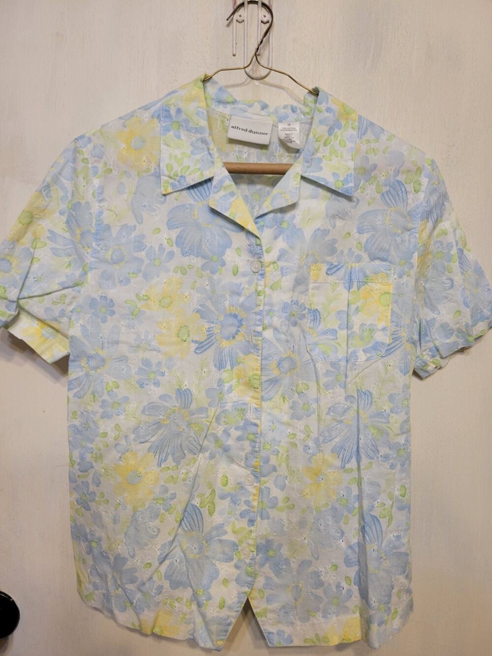 Ladies 12 ALfred Dunner Blue and Yellow Floral Retro Y2K Button DOWN TOP
